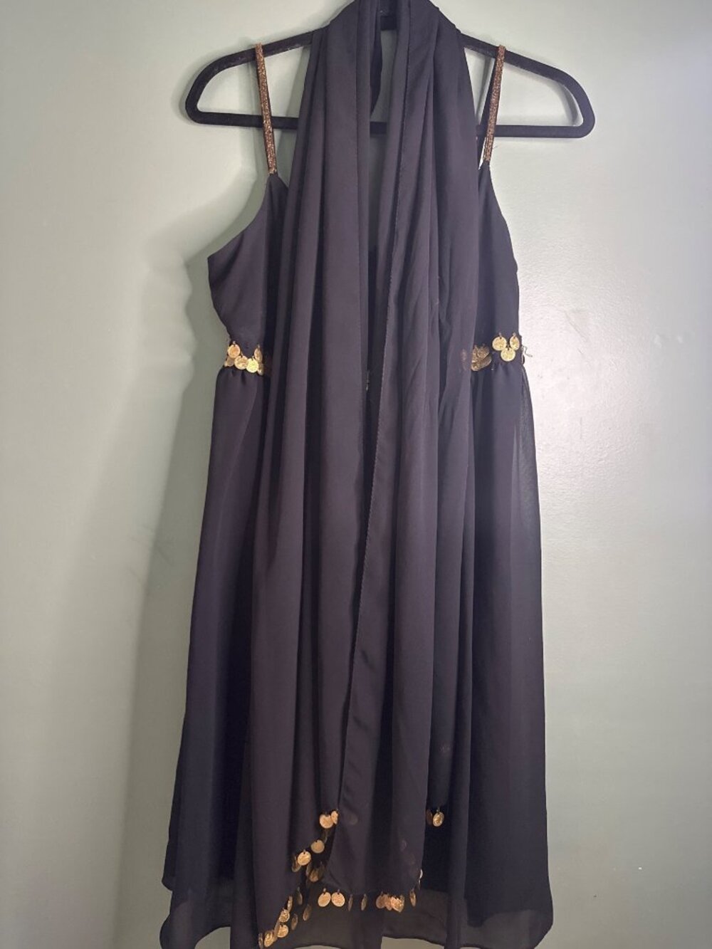 Eva Blue Petite 8 Black Chiffon Dress Gold Coin Trim Party Cocktail LBD wedding